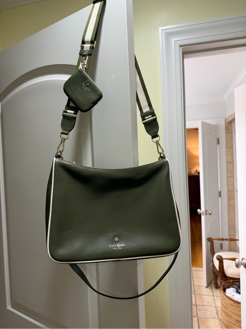 kate spade Olive Green Pebbled Leather Crossbody with White Trim & Striped Strap